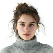 © JR-50 - Portrait of a young woman with tousled hair and a grey sweater, looking directly at the camera with a neutral expression.