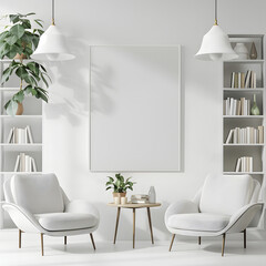 Wall Mural - minimalistic white living room interior with two armchairs, bookcase and vertical poster isolated on white background, flat design, png