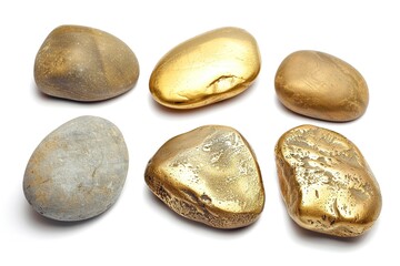 Canvas Print - set of five golden / gilt pebbles, isolated design elements on white background