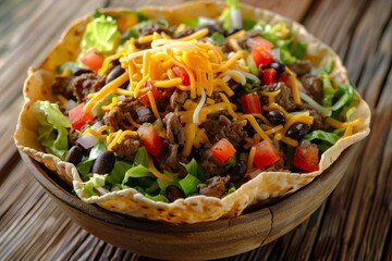 Wall Mural - Beef cheese and lettuce taco salad in a tortilla bowl