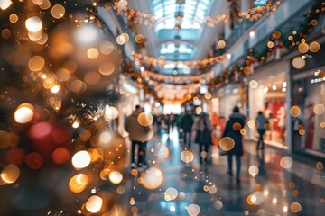 Sticker - Shopping mall decorated for Christmas time. Crowd of people looking for presents and preparing for the holidays. Abstract blurred defocused image background. Christmas holiday, Xmas shopping, sale