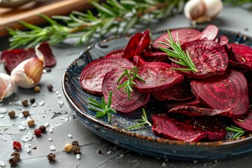 Poster - Beet chips with rosemary and garlic on table plate