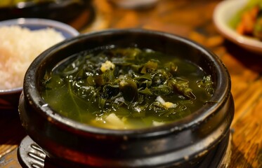 Sticker - Birthday seaweed soup in Korea with miyeokguk and Jeju sea urchin served with warm rice