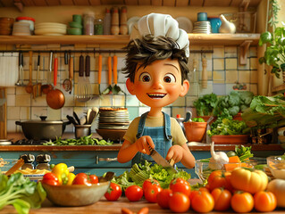 Wall Mural - Charlie preparing salad Charlie a cartoonstyle jovial boy with a chef's hat and apron animatedly chopping colorful vegetables in a bright Pixarstyle kitchen