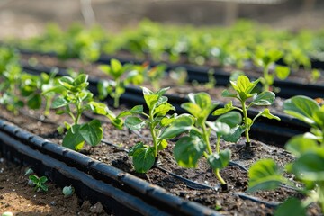 Canvas Print - Blueberry bushes grow in raised bed with drip irrigation system