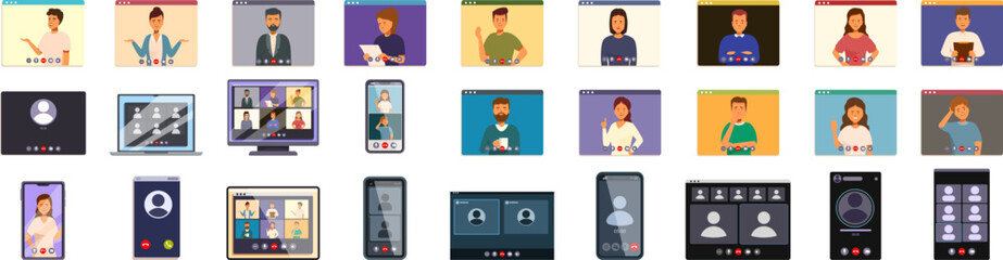 Poster - videocall icons set. People working from home having video conference call using computer, laptop, tablet and smartphone