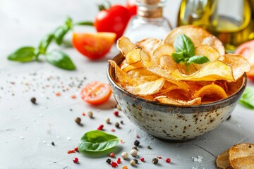 Poster - Vegetable chips in bowl with salt basil oil on light surface grey background