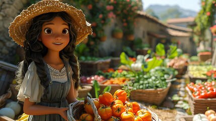 Wall Mural - Fiona harvesting vegetables Fiona picking vibrant vegetables a whimsically exaggerated farm setting with a basket full of colorful produce