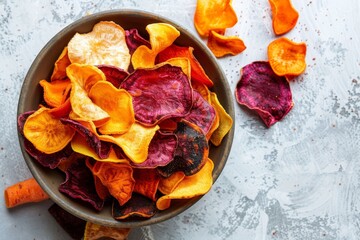 Sticker - Vegetable chips snacks on grey background