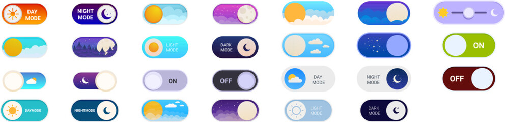 Poster - Night day mode icons set. Collection of on off switcher buttons showing dark mode and light mode for website and mobile app