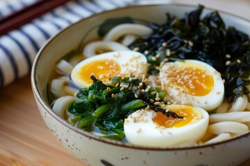 Poster - Vegetarian udon soup with eggs seaweed and sesame seeds