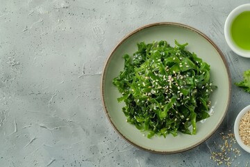 Sticker - Vertical view of a plate with wakame seaweed salad and a bowl of sesame seeds on the table looking delicious