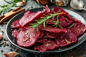 Poster - Vertical view of homemade beet chips with rosemary and garlic on a plate on the table