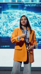 Poster - Vertical video Speaker talking with world leading technology experts and innovators meeting at event to do deep dive into artificial intelligence technology. Expert showcasing latest innovations in AI
