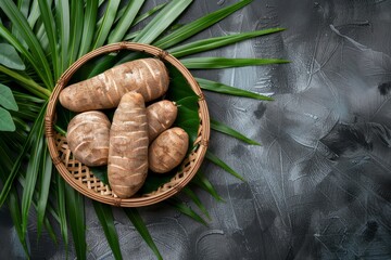 Sticker - View of organic raw Yucca cassava root on tray with palm leaves Top view plenty of space for text