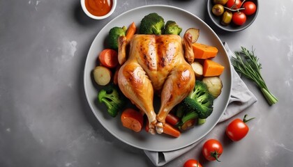 Wall Mural - Delicious cooked chicken and vegetables on grey marble table, flat lay with space for text. Healthy meals from air fryer created with generative ai.	