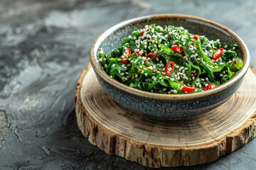 Wall Mural - Wakame salad with sesame and chili on wooden plate