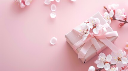 Wall Mural - Small elegant present gift box with tiny pale pink satin ribbon decorated with blooming sakura flowers on pale pink background