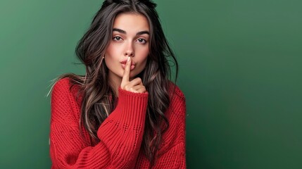 Young woman in a stylish red sweater making a hush gesture against a green background. Conceptual image for mystery and silence. Fashionable casual style with emotional expression. AI