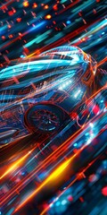 Wall Mural - Cybernetic car with bright orange and blue light streaks, displaying advanced digital patterns and futuristic design elements in a high-speed, high-tech environment