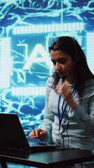 Poster - Vertical video Speaker talking in online webinar, exploring ways AI can positively enhance companies workforce. Presenter promoting artificial intelligence solutions during internet presentation