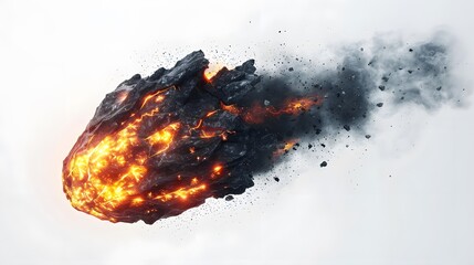 Wall Mural - Fiery Meteorite Fragment with Smoke and Sparks Isolated on White Background