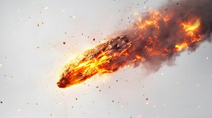 Wall Mural - Glowing Meteorite with Fiery Trail and Debris Isolated on White Background