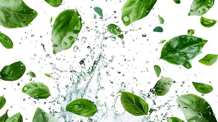 Wall Mural - realistic green leaves with water droplets and splash effects isolated on white