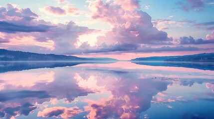 Wall Mural - Soft clouds in shades of pink and lavender are mirrored in the still waters of the lake creating a picturesque sunset scene