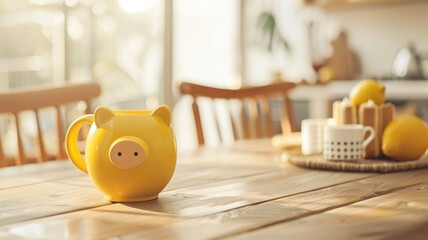 Yellow pig-shaped mug on wooden table in sunlight kitchen