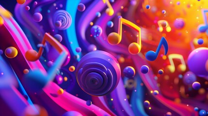 Poster - A dynamic, music-themed 3D background with swirling shapes and vibrant colors, pulsating to the melodies.
