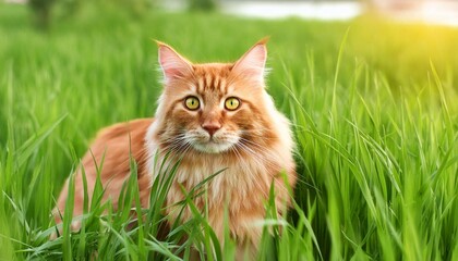 Wall Mural - cat in the green grass fluffy red cat with yellow eyes