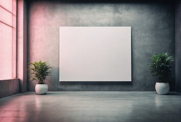 A white wall with a large white poster and two potted plants