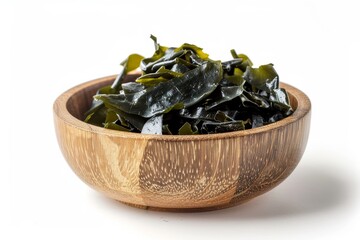 Wall Mural - Wakame seaweed in wooden bowl on white background Japanese cuisine