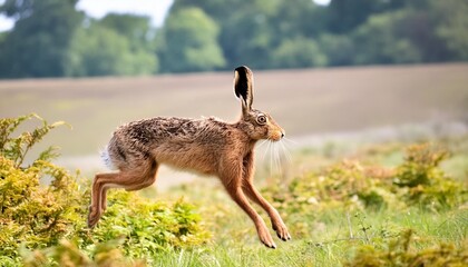 Wall Mural - brown hare lepus europaeus jumping in grassland uk july
