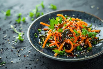 Wall Mural - Wakame seaweed salad with carrots sesame seeds and sauce is a nutritious dish