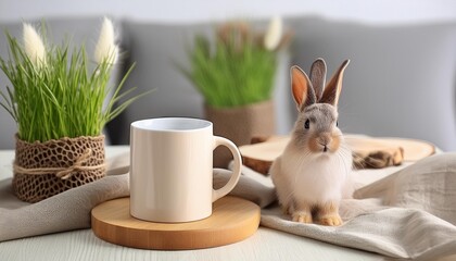 Wall Mural - mockup mug on wooden cup coaster on the table with linen cloth and bunny tail grass mockup mug for design