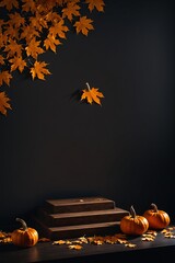 Halloween background with podium for display product, maple leaves, orange pumpkins on dark table.