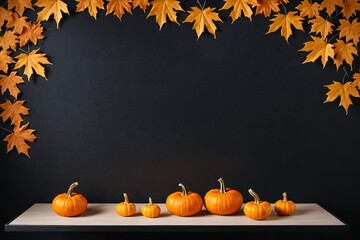 Halloween background with podium for display product, maple leaves, orange pumpkins on dark table.