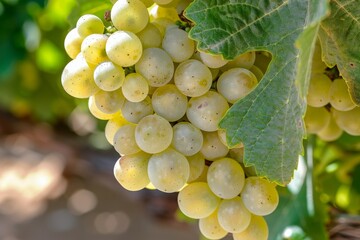 Wall Mural - White grapes among grape leaves in Güímar vineyard Tenerife Spain Marmajuelo or Bermejuela variety