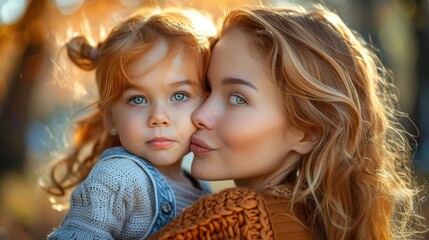 A mother and her young daughter share a tender embrace outdoors in the soft autumn light, surrounded by the warm colors of the season, highlighting their strong bond.