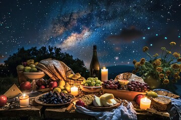 Wall Mural - Spread out a feast of fruits breads and cheeses under the sparkling night sky