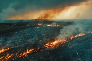 Canvas Print - Wildfire in progress high view intense smoke Aerial inspection of fire