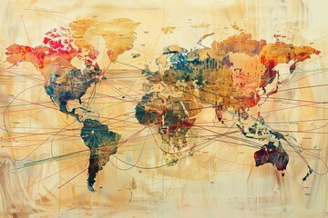 Poster - A stylized world map with intricate lines representing transportation routes connecting continents and countries. Generative AI