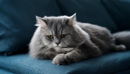 Wall Mural - one persian cat of grey color lying on a sofa and enjoys cuddles