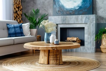 Poster - Wooden table on round rug by sofa in large living room with fireplace and artwork