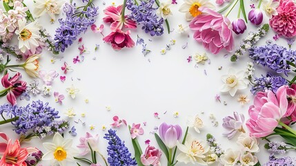 Wall Mural - Spring flowers frame made of tulips, daffodils, crocuses, hyacinths, lilacs, cherry blossoms, azaleas on white background. Top view, flat lay, copy space in middle