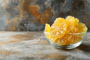 Wall Mural - Yellow organic dried sweet pineapple slices in glass bowl on table