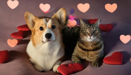 Wall Mural - cute corgi dogs and striped cat lie together on the bed surrounded by red and pink hearts