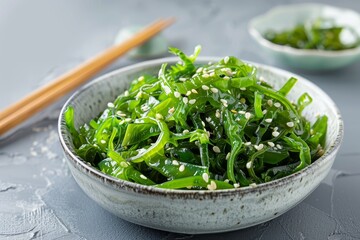 Poster - Yummy seaweed salad with dressing on gray background